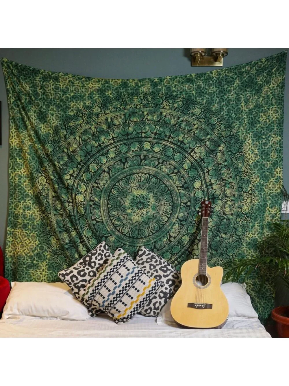 Aesthetic Boho Mandala Wall Tapestry - Indian Cotton Green Decor for Living Room